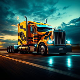 A stunning depiction of a semi-truck transformed into Bumblebee, the iconic character from the Transformers franchise