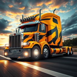 A stunning depiction of a semi-truck transformed into Bumblebee, the iconic character from the Transformers franchise