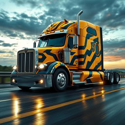 A stunning depiction of a semi-truck transformed into Bumblebee, the iconic character from the Transformers franchise