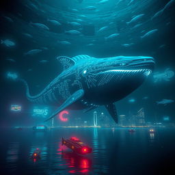 A massive leviathan swimming in a deep, dark ocean, surrounded by bioluminescent marine life
