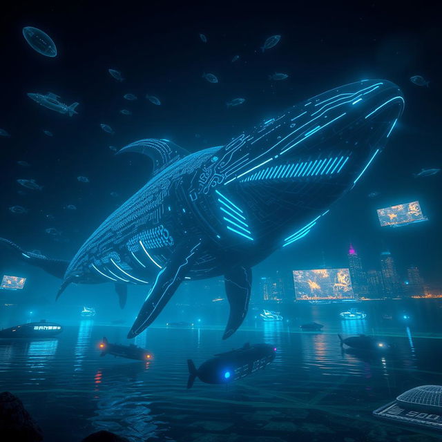 A massive leviathan swimming in a deep, dark ocean, surrounded by bioluminescent marine life