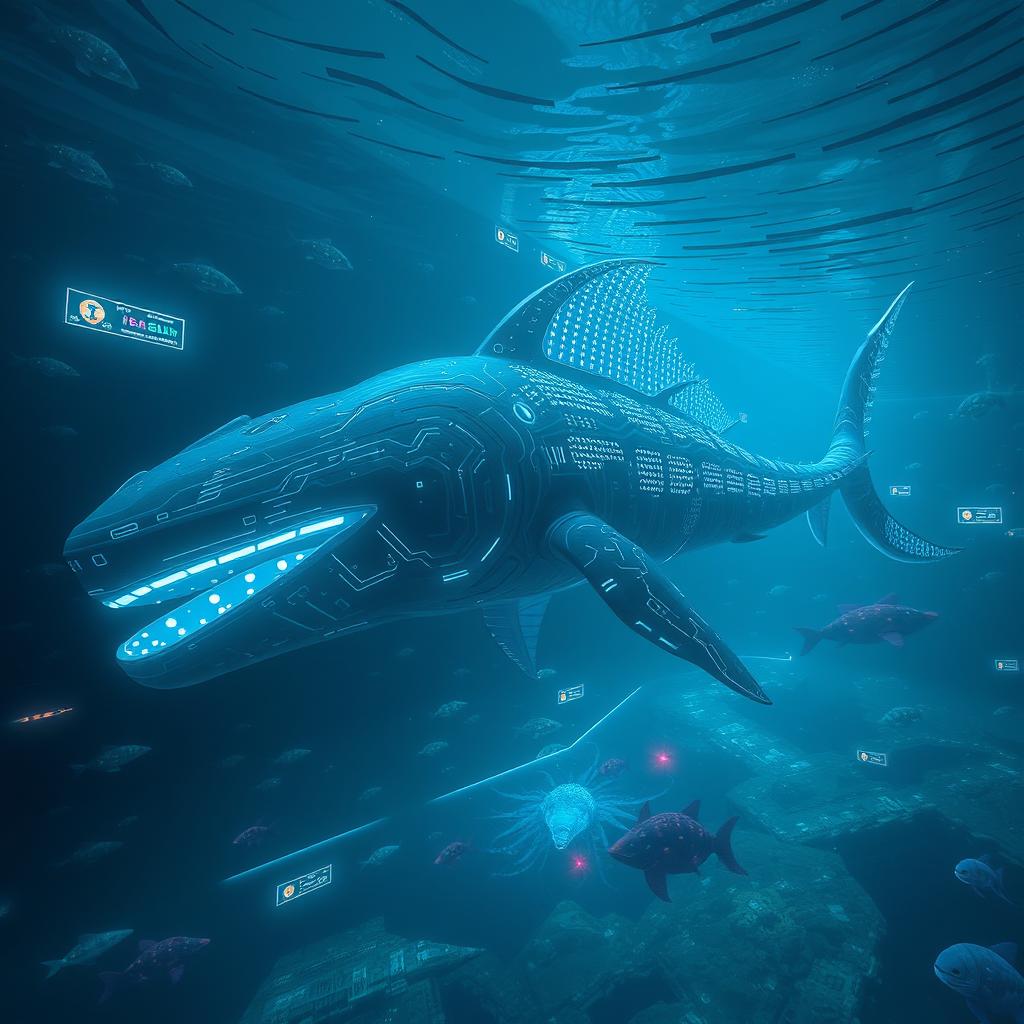 A massive leviathan swimming in a deep, dark ocean, surrounded by bioluminescent marine life