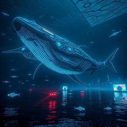 A massive leviathan swimming in a deep, dark ocean, surrounded by bioluminescent marine life