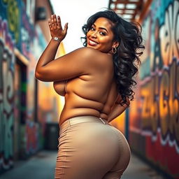 A curvy, confident woman with a big butt and an inviting smile, wearing a stylish outfit that accentuates her figure