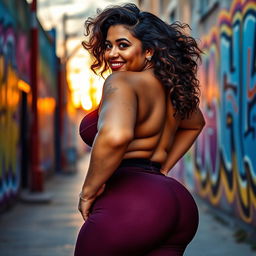 A curvy, confident woman with a big butt and an inviting smile, wearing a stylish outfit that accentuates her figure