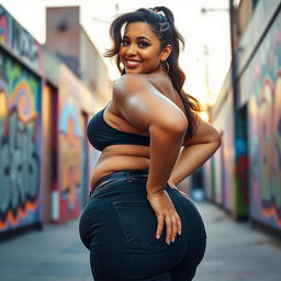 A curvy, confident woman with a big butt and an inviting smile, wearing a stylish outfit that accentuates her figure