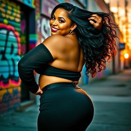 A curvy, confident woman with a big butt and an inviting smile, wearing a stylish outfit that accentuates her figure