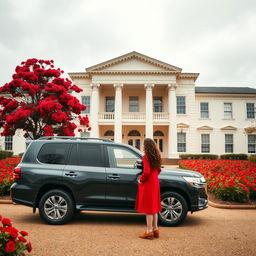 On a cloudy day, a two-story neoclassical hall with a cream-white facade, surrounded by a vibrant courtyard filled with blooming red flowers