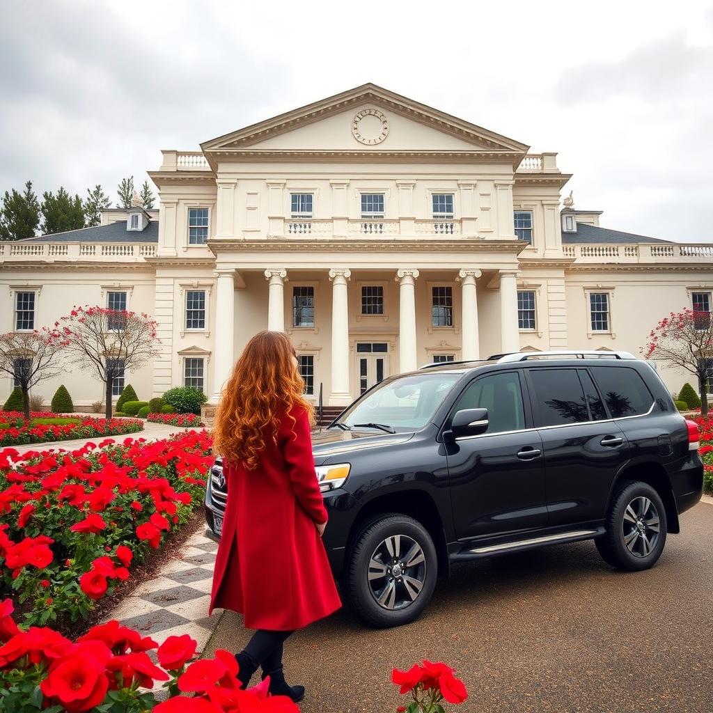 On a cloudy day, a two-story neoclassical hall with a cream-white facade, surrounded by a vibrant courtyard filled with blooming red flowers