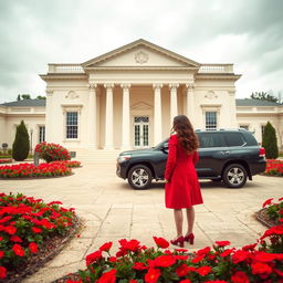 On a cloudy day, a two-story neoclassical hall with a cream-white facade, surrounded by a vibrant courtyard filled with blooming red flowers