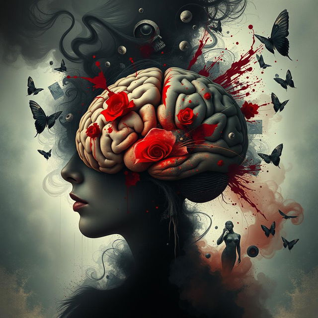 An artistic depiction of a woman's human brain in a surreal and abstract style, illustrating themes of death and confusion