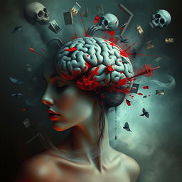 An artistic depiction of a woman's human brain in a surreal and abstract style, illustrating themes of death and confusion