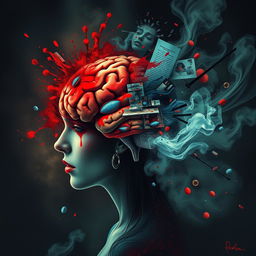 An artistic depiction of a woman's human brain in a surreal and abstract style, illustrating themes of death and confusion
