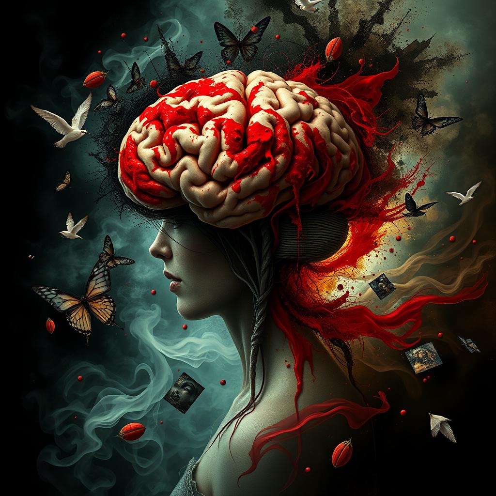 An artistic depiction of a woman's human brain in a surreal and abstract style, illustrating themes of death and confusion