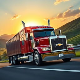 A powerful Chevrolet semi truck driving down a scenic highway, showcasing its robust design and shiny paintwork