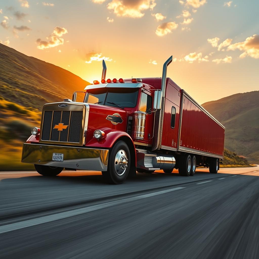 A powerful Chevrolet semi truck driving down a scenic highway, showcasing its robust design and shiny paintwork