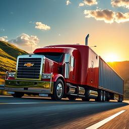 A powerful Chevrolet semi truck driving down a scenic highway, showcasing its robust design and shiny paintwork