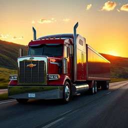 A powerful Chevrolet semi truck driving down a scenic highway, showcasing its robust design and shiny paintwork