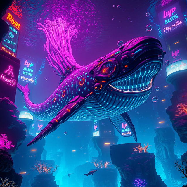 A colossal leviathan swimming majestically through the depths of a neon-lit cyberpunk ocean, surrounded by vibrant glowing coral reefs and futuristic underwater cities, with holographic advertisements illuminating the dark waters