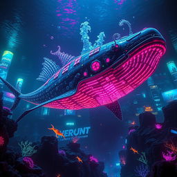 A colossal leviathan swimming majestically through the depths of a neon-lit cyberpunk ocean, surrounded by vibrant glowing coral reefs and futuristic underwater cities, with holographic advertisements illuminating the dark waters