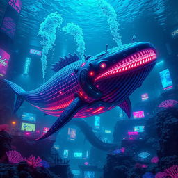 A colossal leviathan swimming majestically through the depths of a neon-lit cyberpunk ocean, surrounded by vibrant glowing coral reefs and futuristic underwater cities, with holographic advertisements illuminating the dark waters