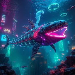 A colossal leviathan swimming majestically through the depths of a neon-lit cyberpunk ocean, surrounded by vibrant glowing coral reefs and futuristic underwater cities, with holographic advertisements illuminating the dark waters