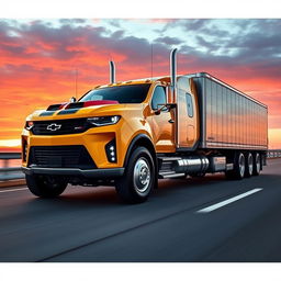 A Chevrolet Camaro transformed into a powerful semi-truck, showcasing its iconic sleek body style merged with a massive truck chassis