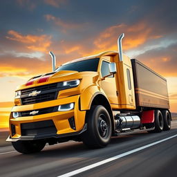 A Chevrolet Camaro transformed into a powerful semi-truck, showcasing its iconic sleek body style merged with a massive truck chassis