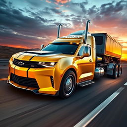 A Chevrolet Camaro transformed into a powerful semi-truck, showcasing its iconic sleek body style merged with a massive truck chassis