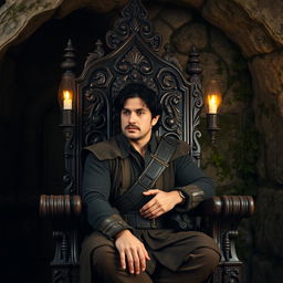 A medium-aged man with dark hair seated on an intricately carved wooden throne, positioned in a dimly lit underground room