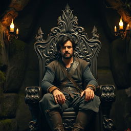 A medium-aged man with dark hair seated on an intricately carved wooden throne, positioned in a dimly lit underground room