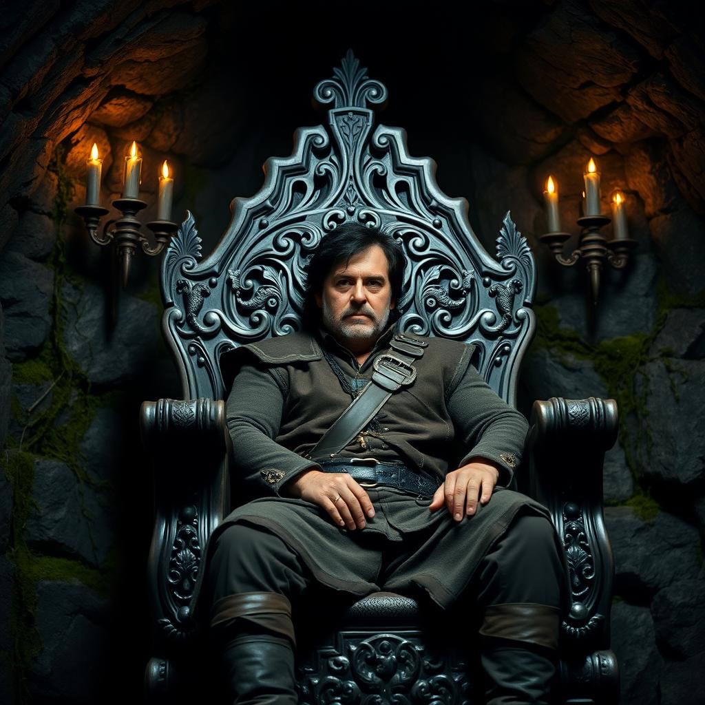 A medium-aged man with dark hair seated on an intricately carved wooden throne, positioned in a dimly lit underground room