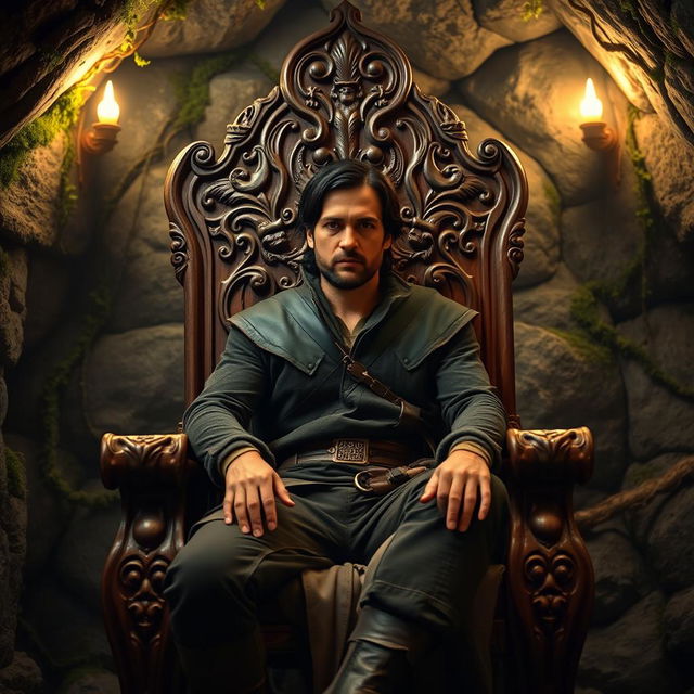 A medium-aged man with dark hair seated on an intricately carved wooden throne, positioned in a dimly lit underground room