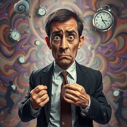 A surreal depiction of a nervous man, standing in an abstract, dreamlike environment