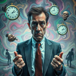 A surreal depiction of a nervous man, standing in an abstract, dreamlike environment