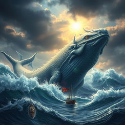 A magnificent, mythical sea creature resembling a leviathan, with immense, serpentine body and shimmering scales that reflect a spectrum of colors in the sunlight