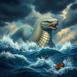 A magnificent, mythical sea creature resembling a leviathan, with immense, serpentine body and shimmering scales that reflect a spectrum of colors in the sunlight