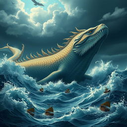 A magnificent, mythical sea creature resembling a leviathan, with immense, serpentine body and shimmering scales that reflect a spectrum of colors in the sunlight