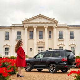 On a cloudy day, a beautiful two-story neoclassical hall with a cream-white facade stands majestically