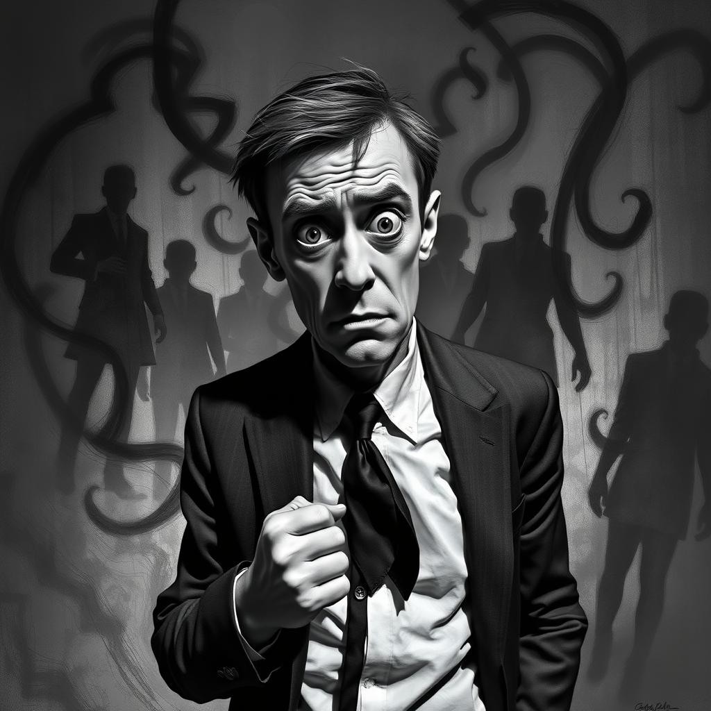 A surreal black and white depiction of a nervous man, standing in an abstract, dreamlike environment