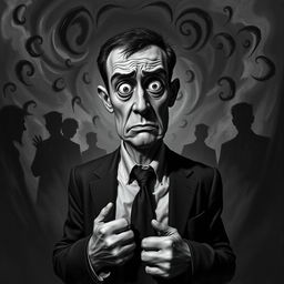 A surreal black and white depiction of a nervous man, standing in an abstract, dreamlike environment