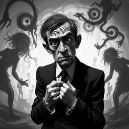 A surreal black and white depiction of a nervous man, standing in an abstract, dreamlike environment