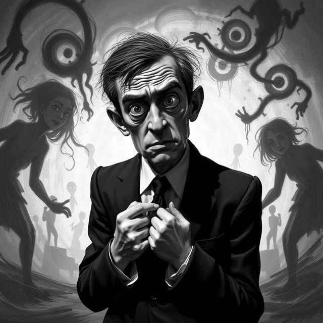 A surreal black and white depiction of a nervous man, standing in an abstract, dreamlike environment