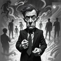 A surreal black and white depiction of a nervous man, standing in an abstract, dreamlike environment