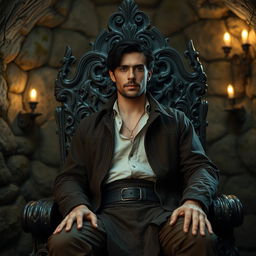 A handsome medium-aged man with dark hair seated on an intricately carved wooden throne, positioned in a dimly lit underground room
