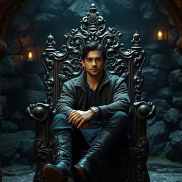 A handsome medium-aged man with dark hair seated on an intricately carved wooden throne, positioned in a dimly lit underground room