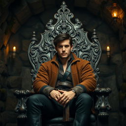 A handsome medium-aged man with dark hair seated on an intricately carved wooden throne, positioned in a dimly lit underground room