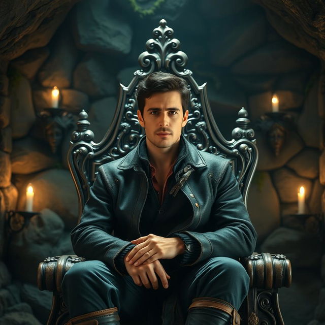 A handsome medium-aged man with dark hair seated on an intricately carved wooden throne, positioned in a dimly lit underground room