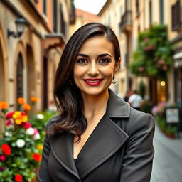 A 39-year-old woman with dark hair and striking Italian features, dressed elegantly in fashionable attire that complements her style