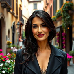 A 39-year-old woman with dark hair and striking Italian features, dressed elegantly in fashionable attire that complements her style